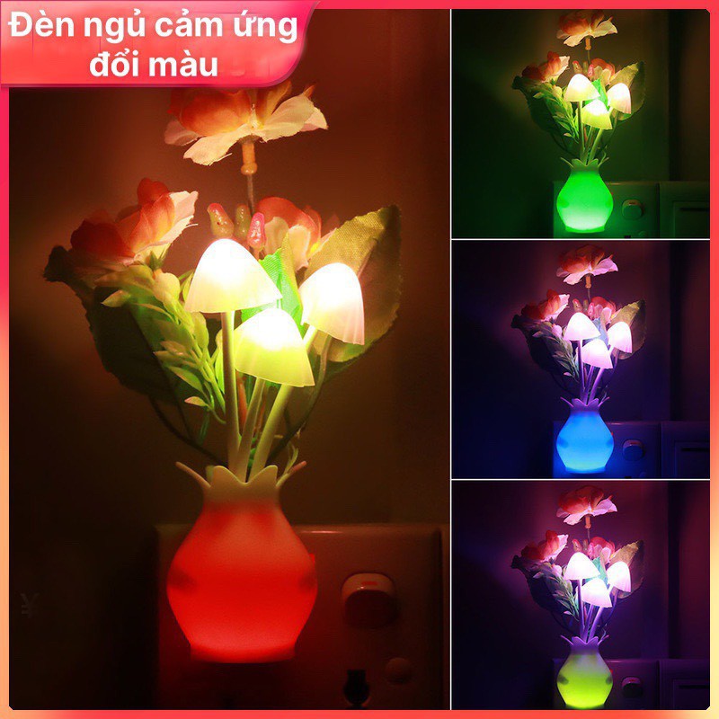 Đèn ngủ led mini cảm ứng ánh sáng thông minh hình cây nấm (đèn sáng cả bình và hoa)