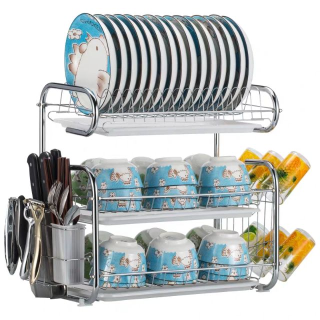 Giá úp chén bát inox /Trạn để bát đĩa kết hợp để dao thớt hai bên 3 tầng có khay hứng nước tiện ích siêu gọn.