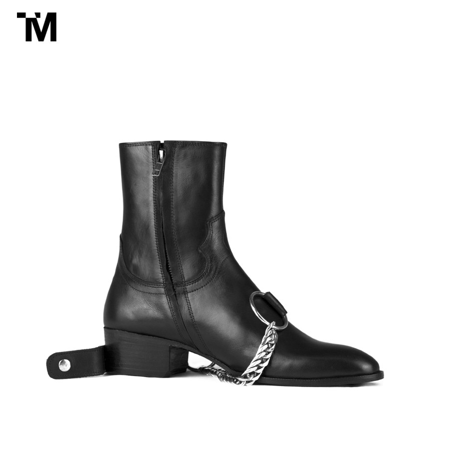 GIÀY BOOTS NAM TARMOR MÀU ĐEN KÈM PHỤ KIỆN DÂY XÍCH BLACK LEATHER HARNESS BOOTS  WITH CHAIN