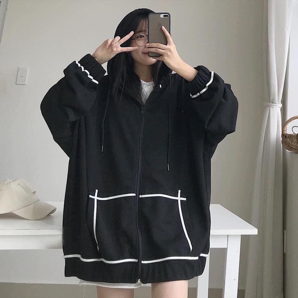 Áo Khoác Hoodie Zipper Kẻ Viền Túi Nữ - Áo nỉ dài tay form rộng dáng suông, thiết kế chạy viền