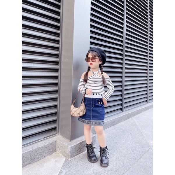 Size 8-35kg: Bộ áo kẻ trễ vai phối chân váy jeans Di o cực xịn xò cho bé gái - BAKTV