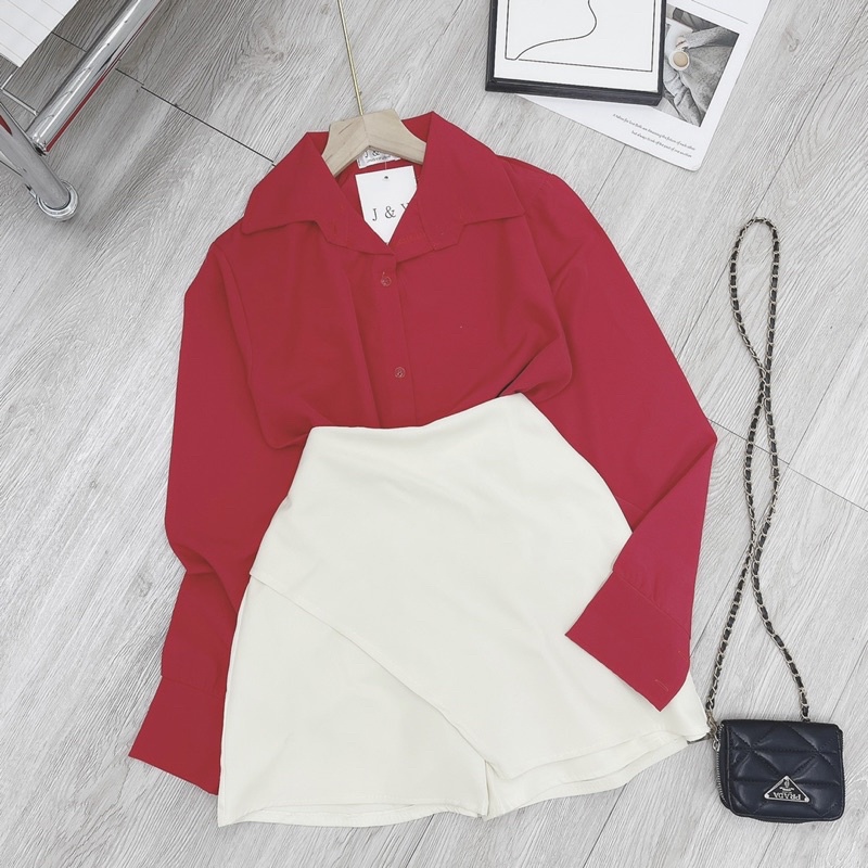 Set Áo Sơ Mi Hồng Mix Chân Váy Chữ A Trắng Dáng Rộng