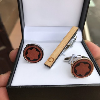 Combo Khuy măng sét + cài cà vạt Montblanc gỗ