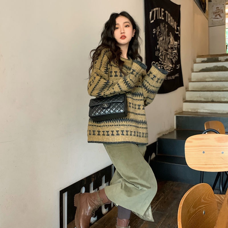 Áo Sweater dệt kim cổ tròn dáng rộng màu sắc tương phản phong cách Retro Hong Kong cho nữ | BigBuy360 - bigbuy360.vn