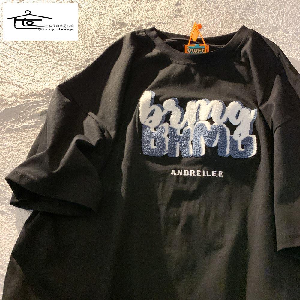 Áo Thun Cotton Ngắn Tay Thêu Chữ Phong Cách Đường Phố Mỹ