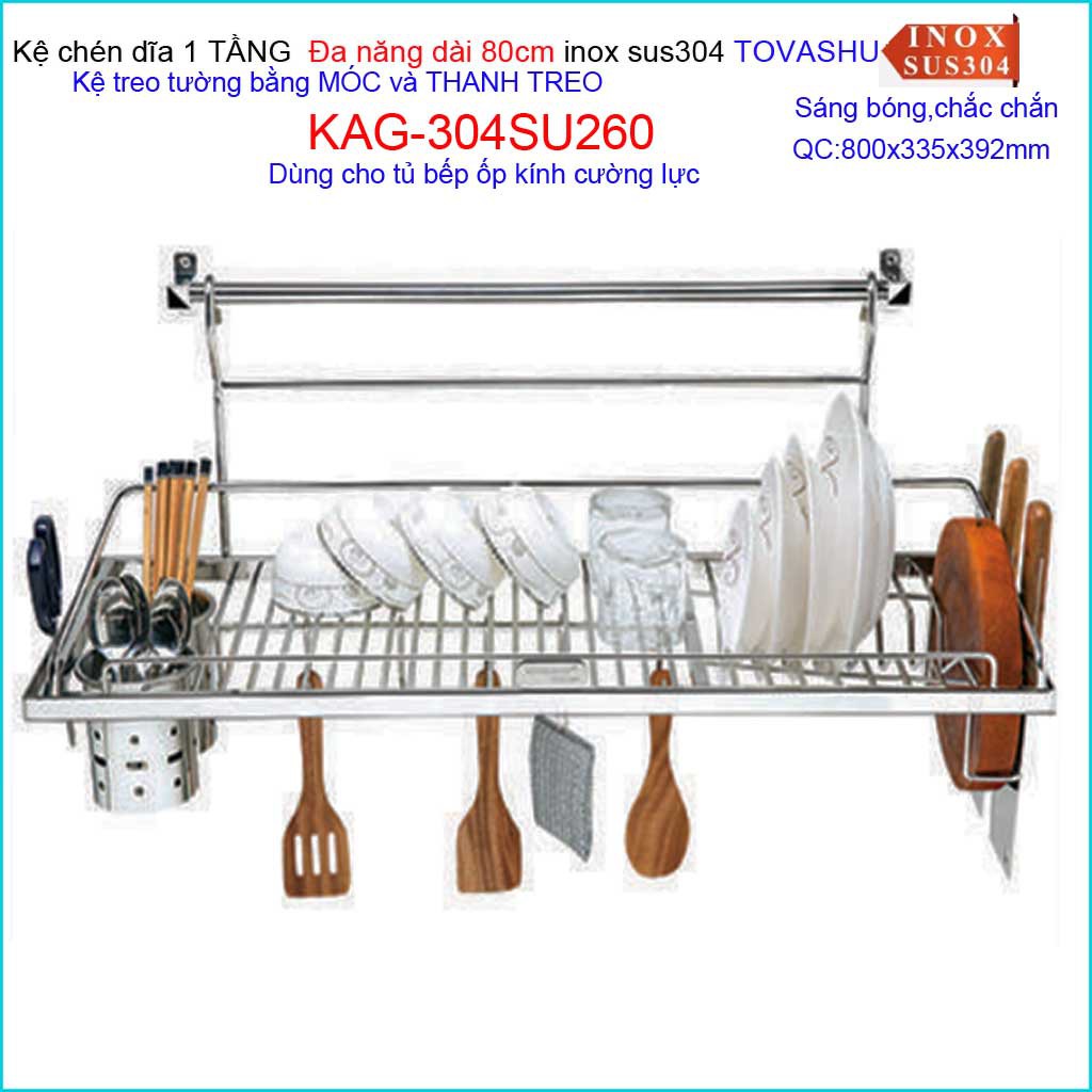 Kệ đựng chén bát Inox Tovashu, kệ chén dĩa inox 304 Nhật Bản 80cm, kệ chén dĩa  có móc treo KAG-304SU260