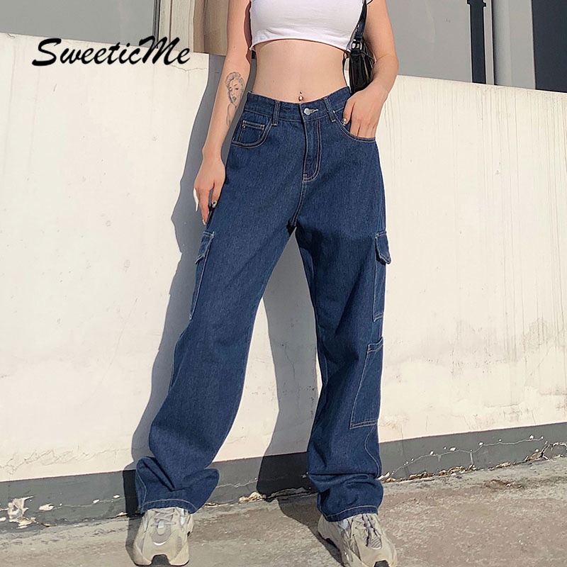 Quần Jean Ống Rộng Màu Trơn Phối Túi Thời Trang Sweeticme