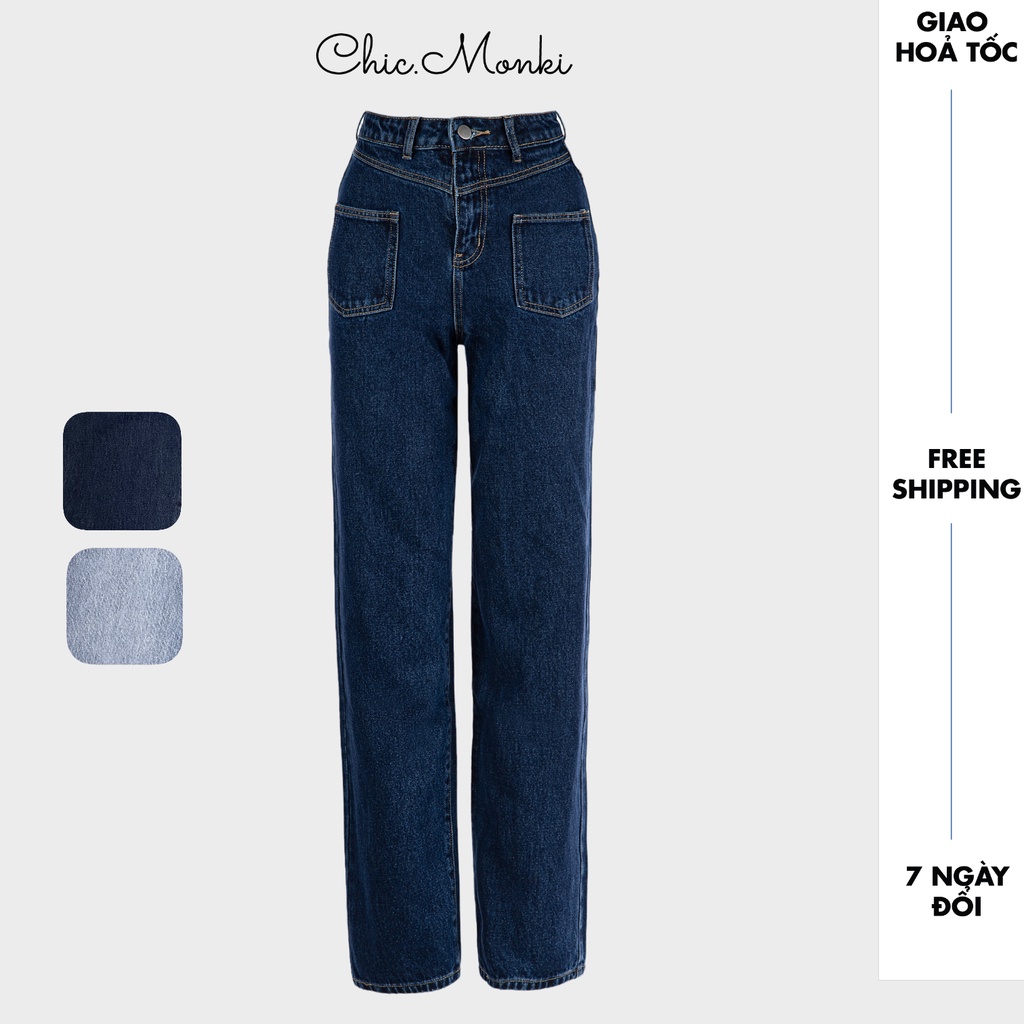 Quần jeans nữ ống rộng CHICMONKI lưng cao túi ốp phom cực đẹp màu xanh đậm CMJ1159 | BigBuy360 - bigbuy360.vn