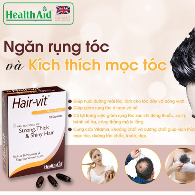 Healthaid Hair-vit – Kích thích mọc tóc nhanh, ngăn ngừa rụng tóc (lọ 30 viên)