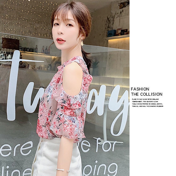 Áo Kiểu Chiffon Ngắn Tay Trễ Vai Họa Tiết Hoa Thời Trang Mùa Hè Phong Cách Retro Hàn Quốc Dành Cho Nữ