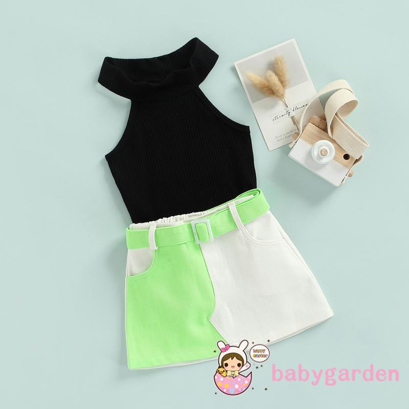 Bộ Áo Dệt Kim Không Tay Màu Trơn + Chân Váy Ngắn Màu Sắc Tương Phản Kèm Thắt Lưng Dành Cho Bé Gái 2-7 Tuổi