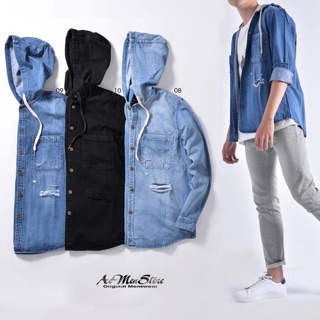 Áo sơ mi nam rách chất denim wash tay cân thân có mũ hàng độc quyền ruotine