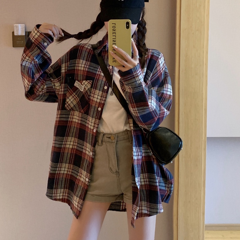 SUXI Áo Sơ Mi Caro Tay Dài Thời Trang Nữ