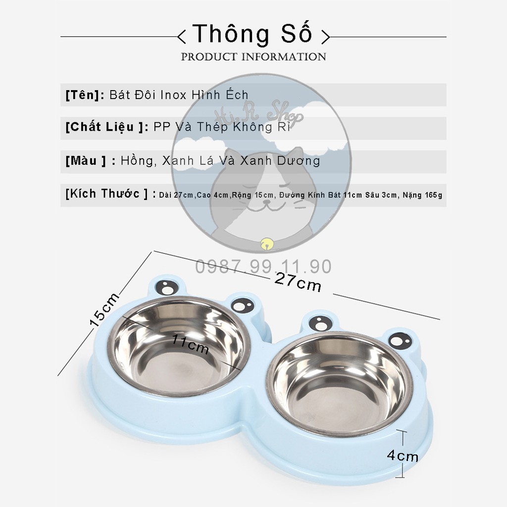 Bát Ăn Hai Ngăn Hình Ếch Ngộ Nghĩnh Cho Thú Cưng Bát Đôi Chất liệu Inox Thép Không Rỉ Dành Cho Chó Mèo