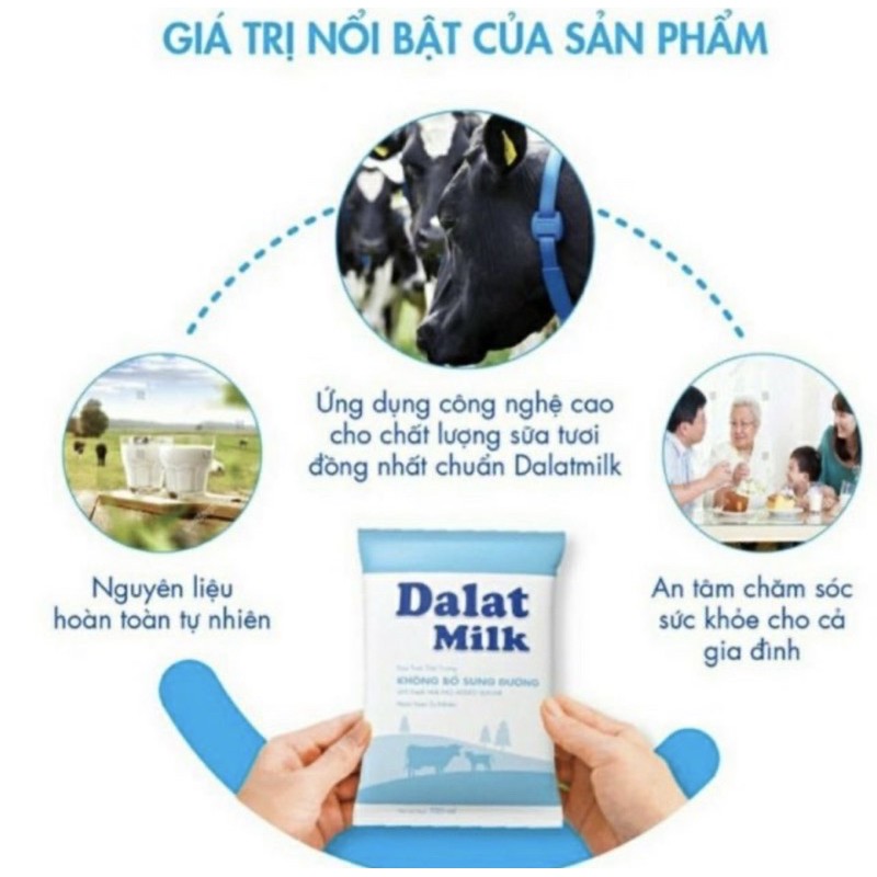 Thùng 48 Bịch Sữa Tươi Tiệt Trùng Ít đường Dalat milk 220ml