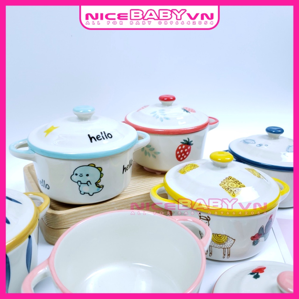 Bát Ăn Dặm Gốm Sứ Hình Nồi Họa Tiết Có Nắp Cho Bé 200ml NiceBabyVn