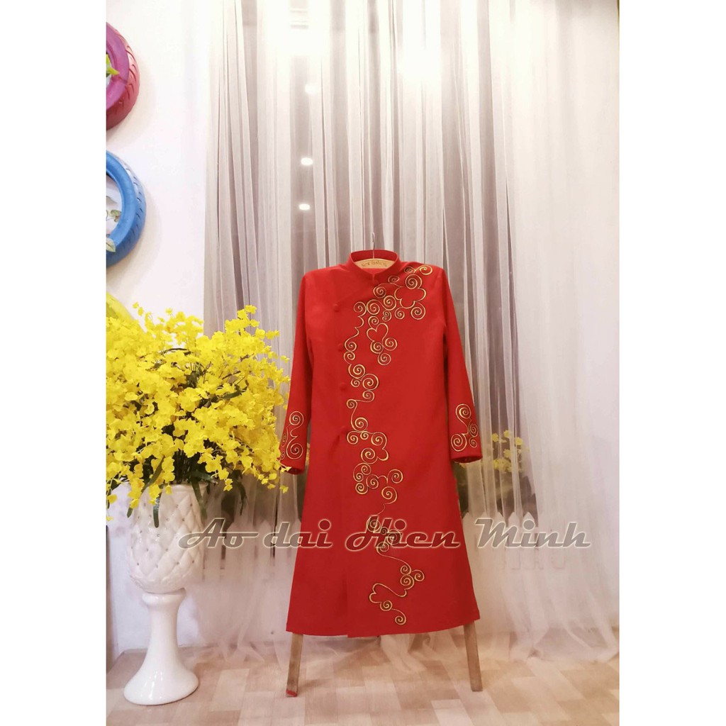 Áo dài cách tân nam màu đỏ họa tiết đơn giản