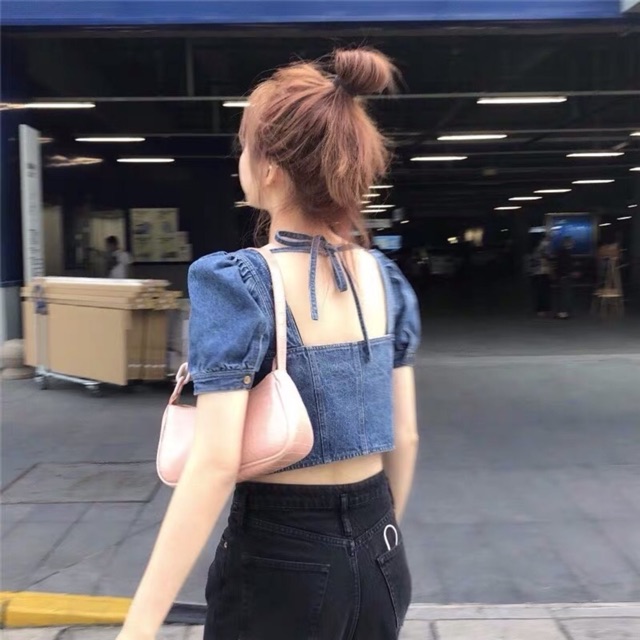 Set áo croptop bò LISA khoá ngực cổ vuông + chân váy đen thắt dây xẻ đùi Ulzzang cá tính sexy ❤️