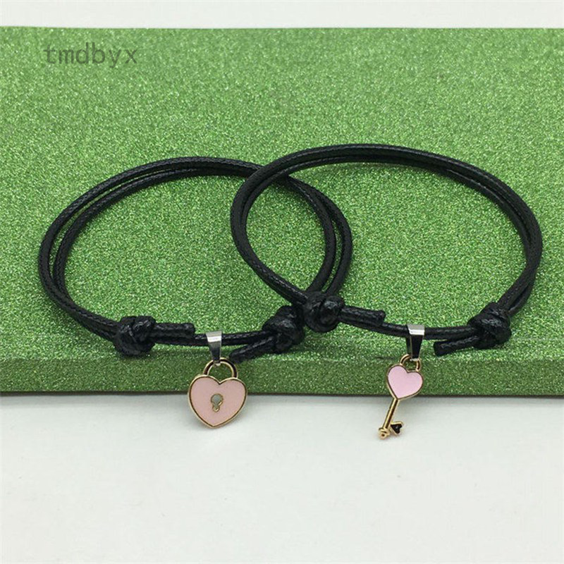 Tmdbyx HANDMADE Set 2 Vòng Tay Bện Dây Mặt Kim Loại Hình Chìa Khóa / Trái Tim Cho Cặp Đôi