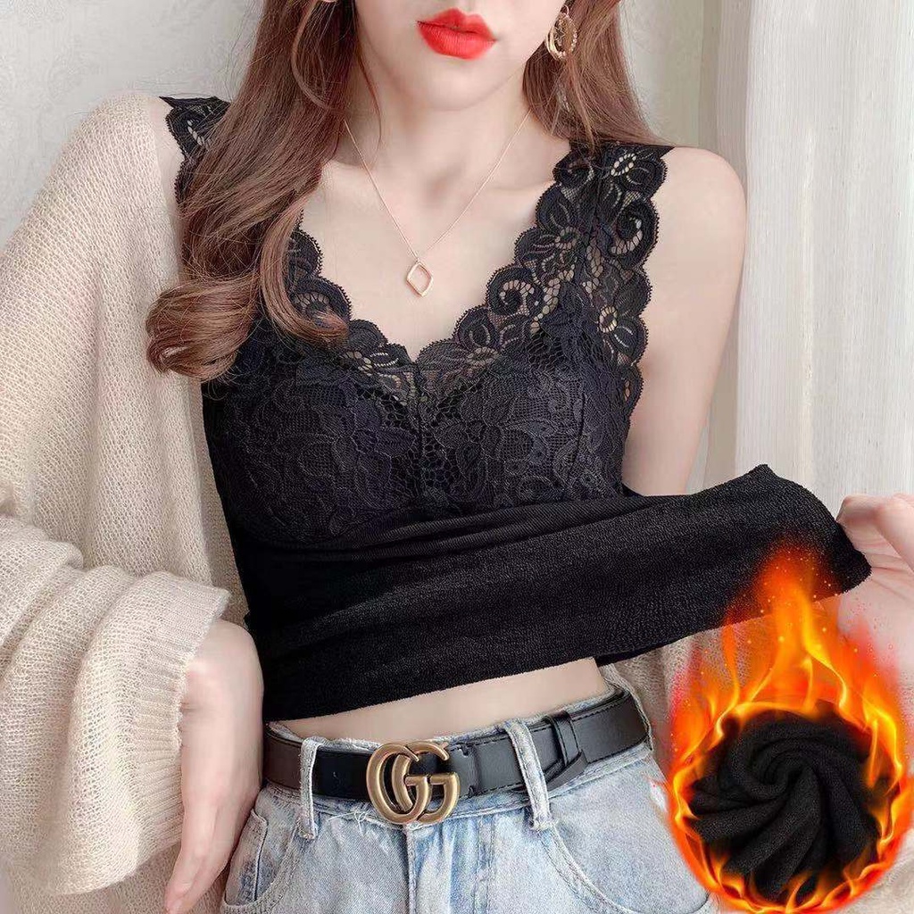 Áo Hai Dây Cổ Chữ V Phối Ren Ấm Áp Thiết Kế Mới Thời Trang Cho Nữ