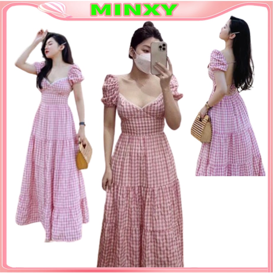 Váy kẻ hồng đầm 3 tầng 2 lớp có độn ngực maxi tay ngắn hở lưng đi biển siêu xinh-Minxy shop