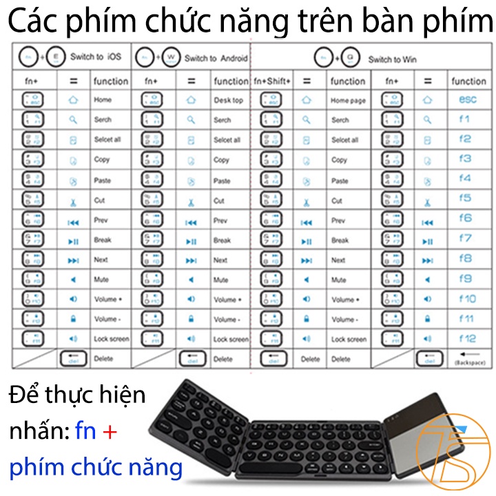 Bàn phím bluetooth không dây gấp gọn có chuột cảm ứng - Loại phím tròn mới