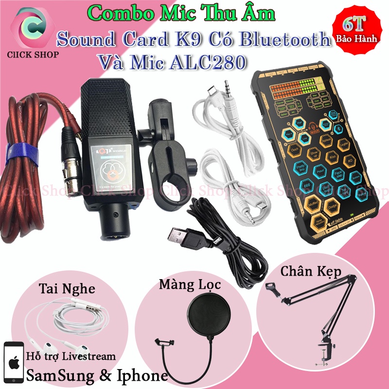Bộ Mic Thu Âm Livestream ALC280 Và Sound Card k9 có bluetooth Autotune Pin đi kèm chân kẹp màng lọc tai nghe nhét tai