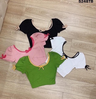 Áo thun croptop cổ nơ tay phồng