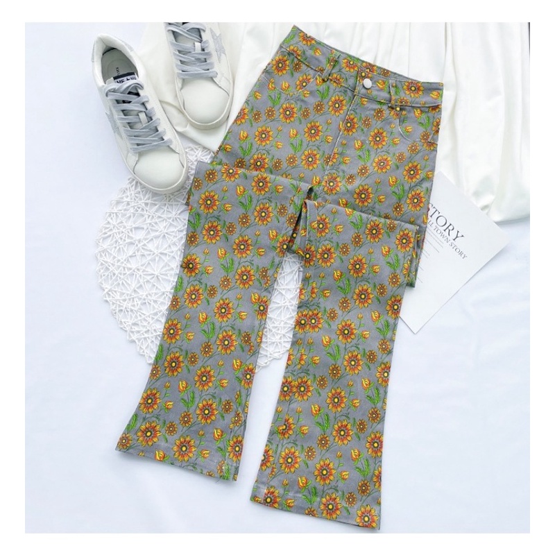 Quần Jean Lưng Cao Ống Loe In Họa Tiết Thời Trang