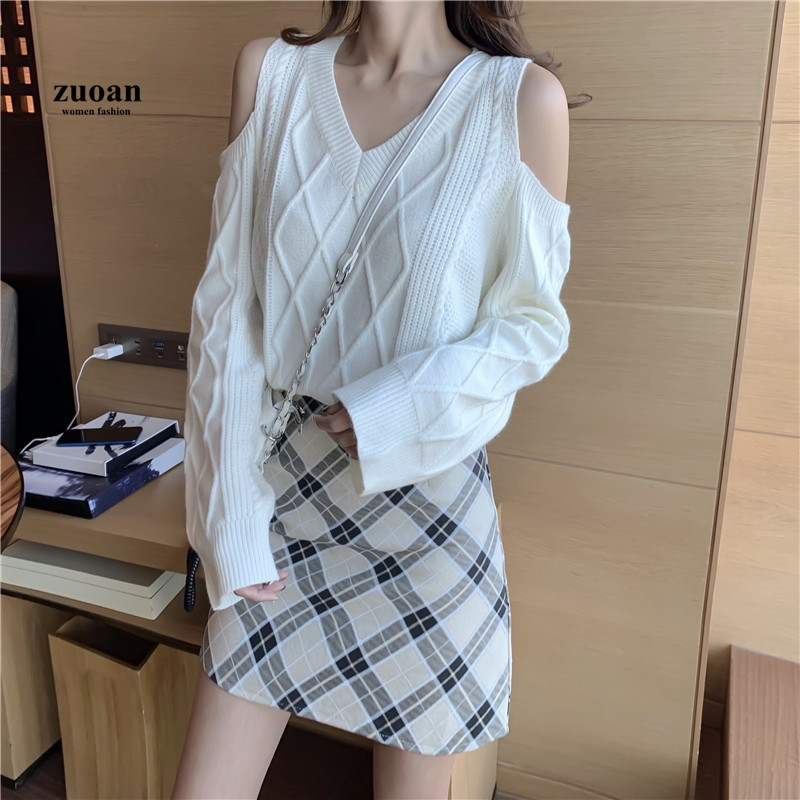 SUXI Áo Dệt Kim Nữ Tay Dài Cổ Chữ V Trễ Vai Thời Trang