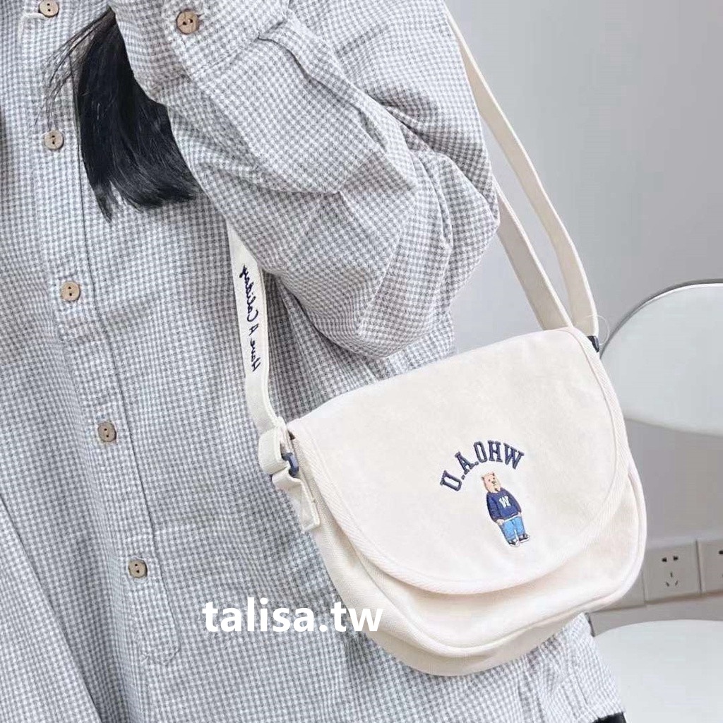 Hàng Có Sẵn❤️Túi Đeo Chéo Vải Canvas Mini Thêu Hình Nửa Mặt Gấu Phong Cách Hàn Quốc Mới 2022🇰🇷