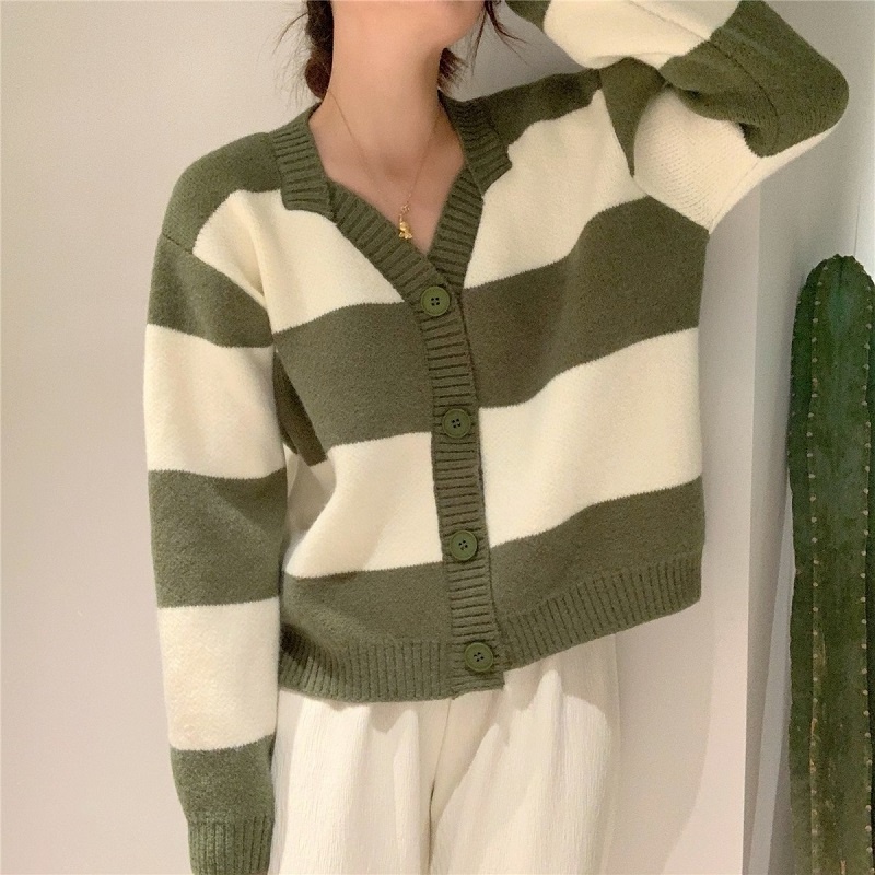 Áo cardigan ZHELIHANGFEI dệt kim tay dài cổ chữ V dáng rộng lưng cao hoạ tiết kẻ sọc cho nữ