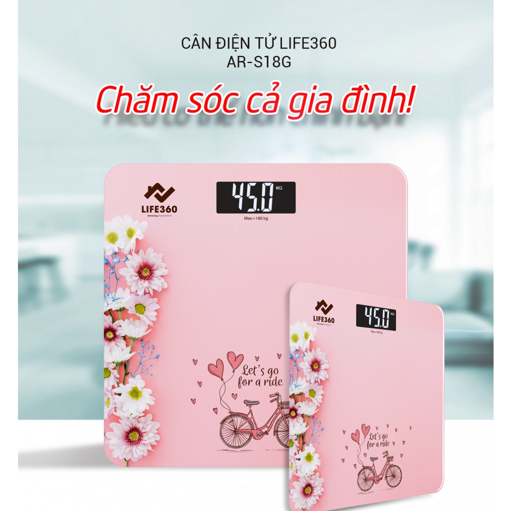 Cân sức khỏe điện tử Arirang Life360, cân điện tử thông minh, mặt kính cường lực,tải trọng tới 180kg Chính Hãng