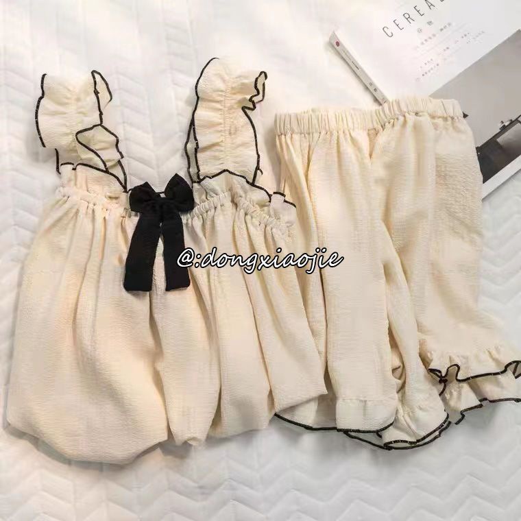 2022 new summer pajamas women's Japanese sexy ins style solid color suspenders sweet bow thin household clothes