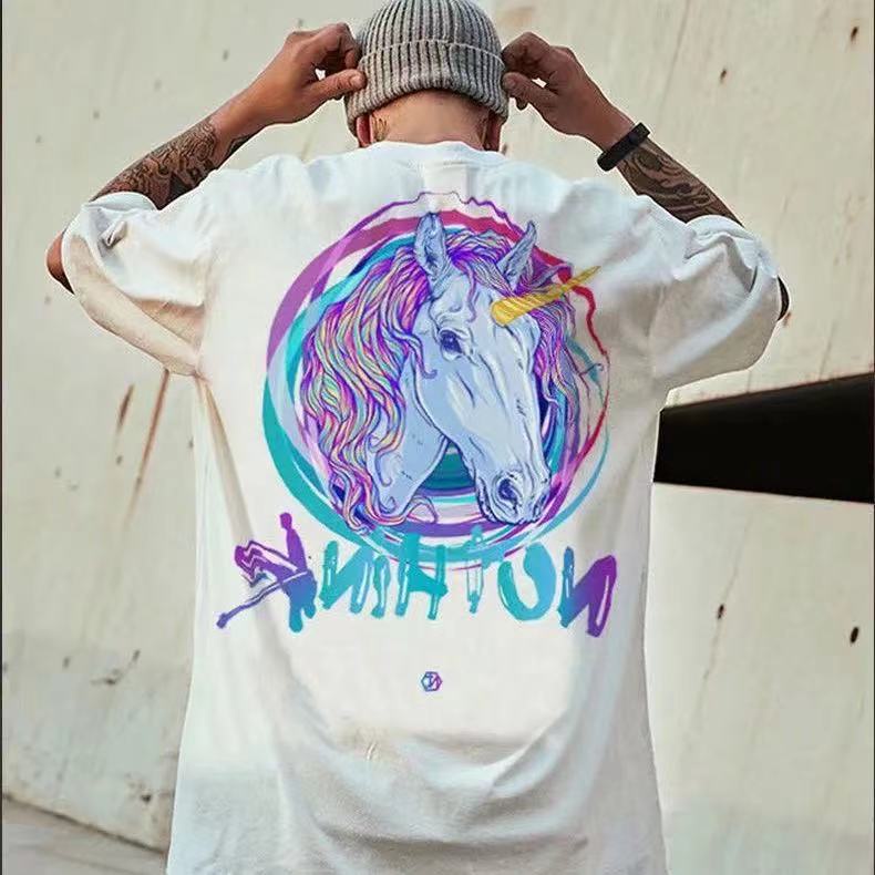 2021 new short sleeve men's fashion national fashion Unicorn men's fashion brand T-shirt loose trend large size 5 / 6 sleeve half sleeve