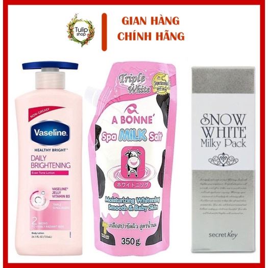 Combo Dưỡng Thể VASELINE + Kem Ủ Trắng SNOW WHITE SECRET KEY + Muối Tẩy Tế Bào Chết A BONNE