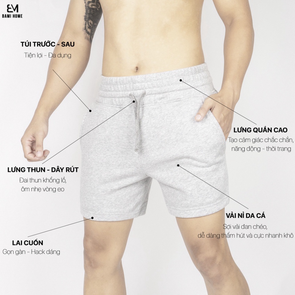 Quần short thể thao bản rộng BAMIHOME chất vải nỉ da cá khô thoáng, thoải mái QN08