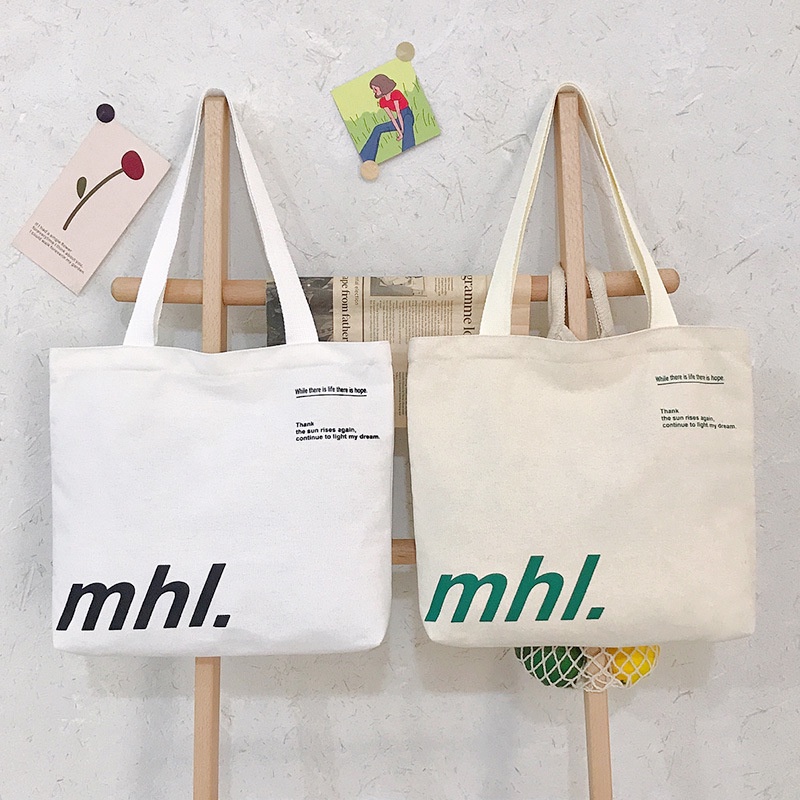 Túi Tote Vải Canvas MHL Nữ phong cách Ulzzang Có Khóa Kéo chất liệu dày dặn