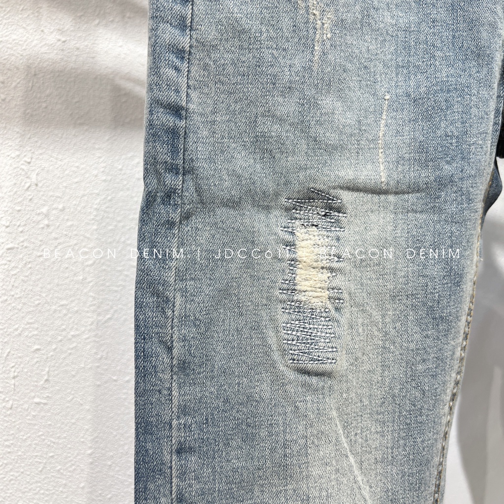 Quần Jean Dài Nam Cao Cấp Xanh Rách Gối Phải BEACON DENIM Form Slim Fit JDCC611