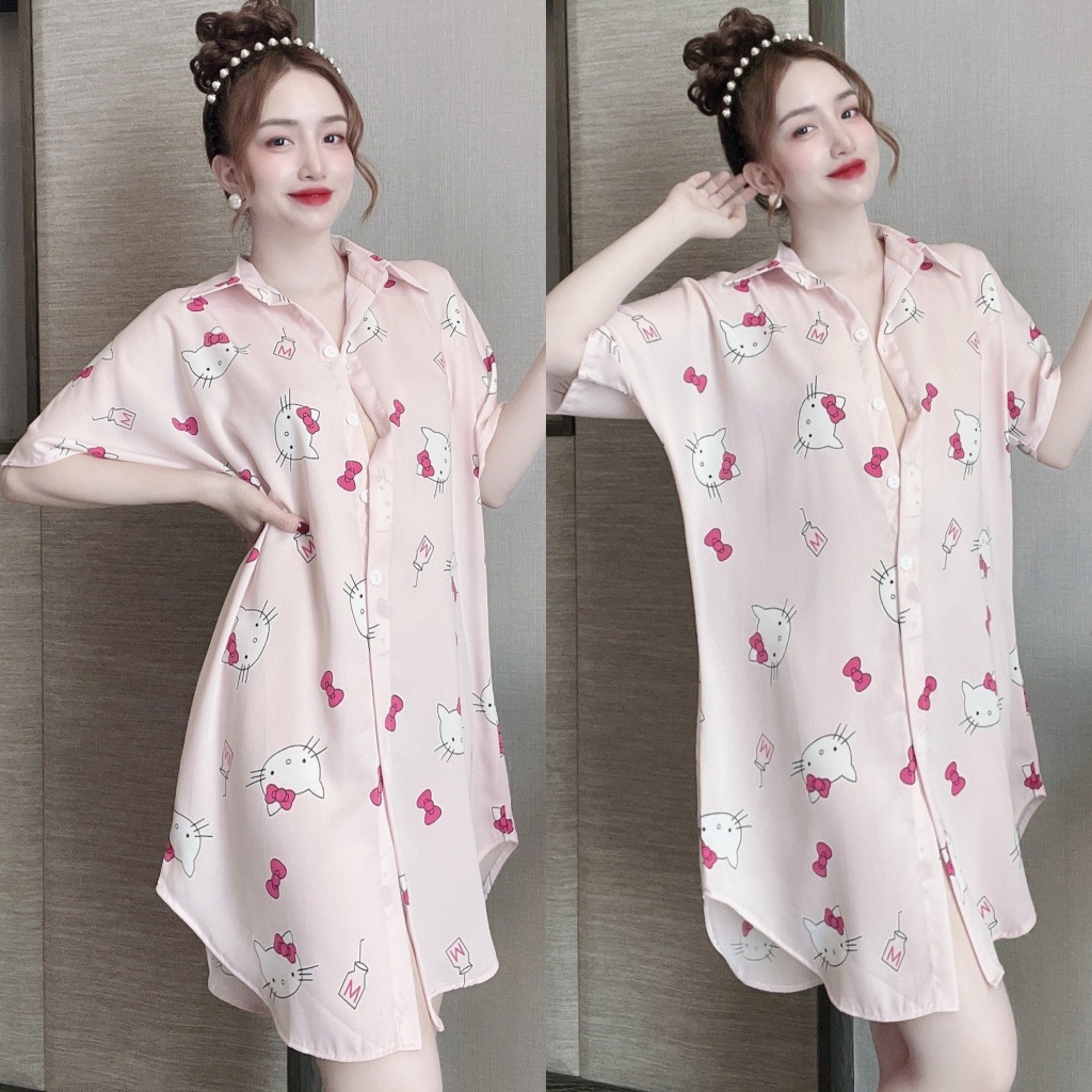 Đầm Ngủ Nữ, Váy Ngủ Sơ Mi Chất Lụa Mango Kèm Quần Mặc Ngủ Rộng Rãi Thoải Mái Freesize Dưới 60kg - Linqustore