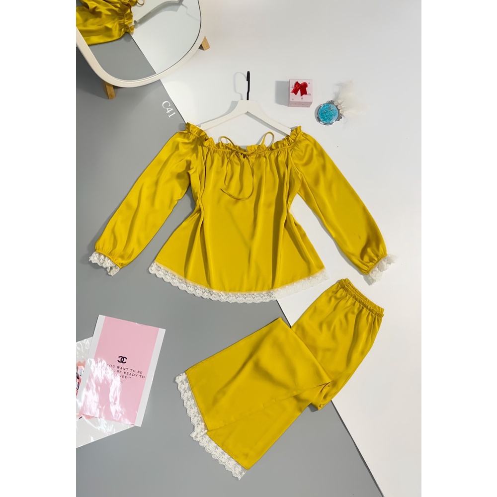 (Freeship 50K) Bộ Lụa Mặc Nhà Cao Cấp Tay Dài Bẹt Vai Phối Ren Tiểu Thư Vải Lụa Latin Siêu Mềm Freesize Dưới 60kg