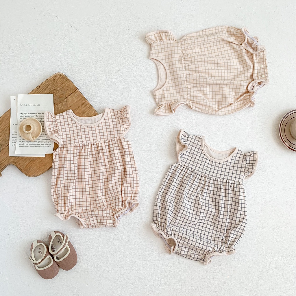 Bộ Áo Liền Quần Bằng Cotton Mềm Mại Họa Tiết Sọc Caro Cho Bé Gái Sơ Sinh