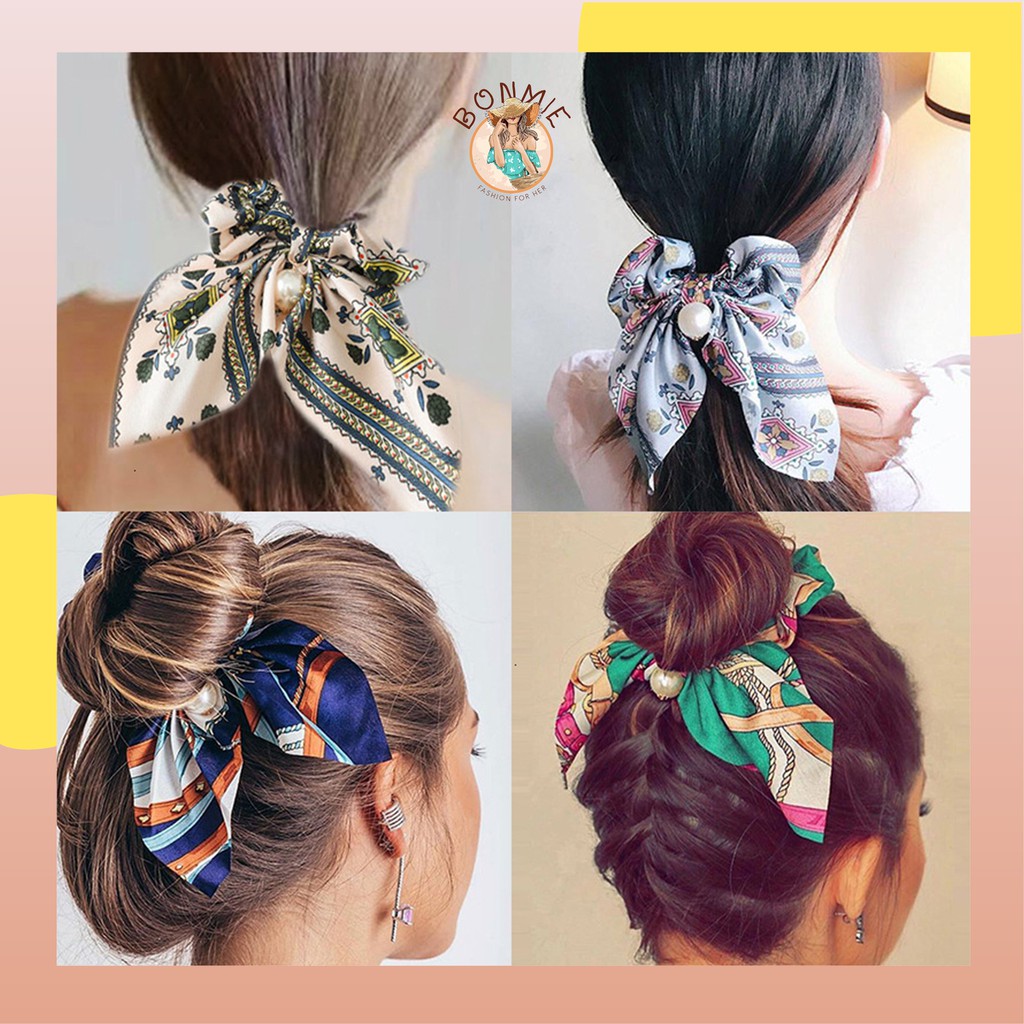 Dây buộc tóc vải scrunchies đính hạt phong cách Hàn Quốc; S10 - BONMIE