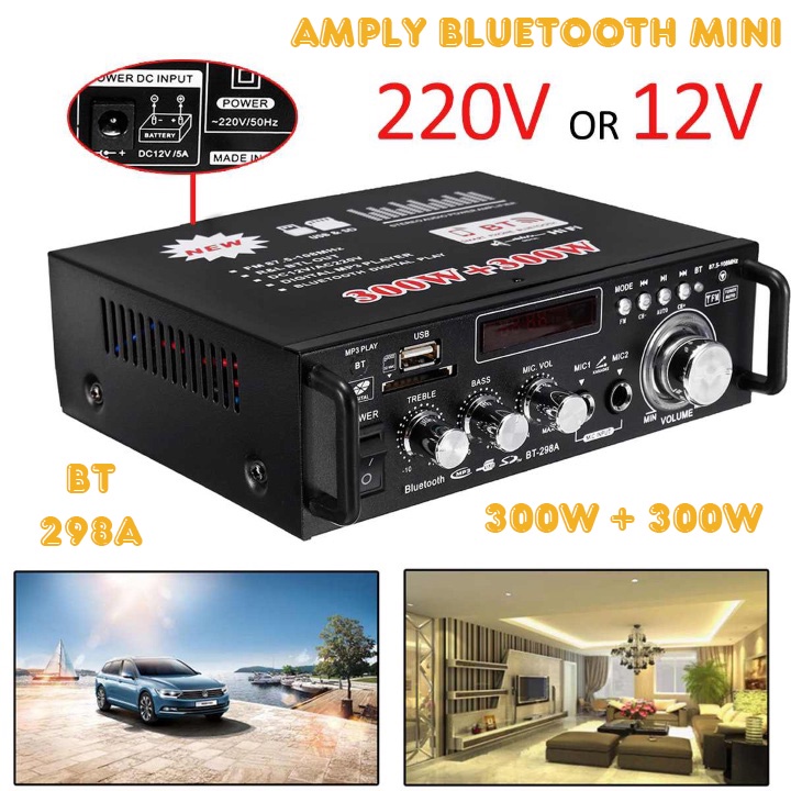 Ampli Bluetooth Karaoke Mini 12V/220V Công Suất 600W 2 Loa Cân Loa Thùng 2 Tấc, Bảo Hành 12 Tháng  - Lỗi 1 Đổi 1