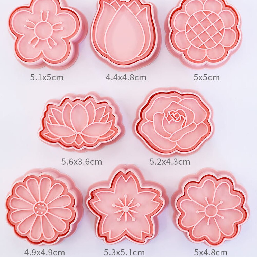 Set 8 Khuôn Nhấn Bánh Quy Bằng Nhựa Hình Hoa Hoạt Hình 3D
