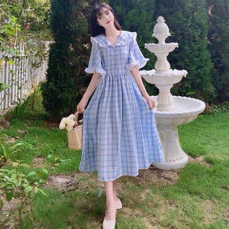 Đầm Dài Cổ Búp Bê Sọc Ca Rô Thời Trang Mùa Hè Hàng Mới Dành Cho Nữ Sinh Trung Học 2023