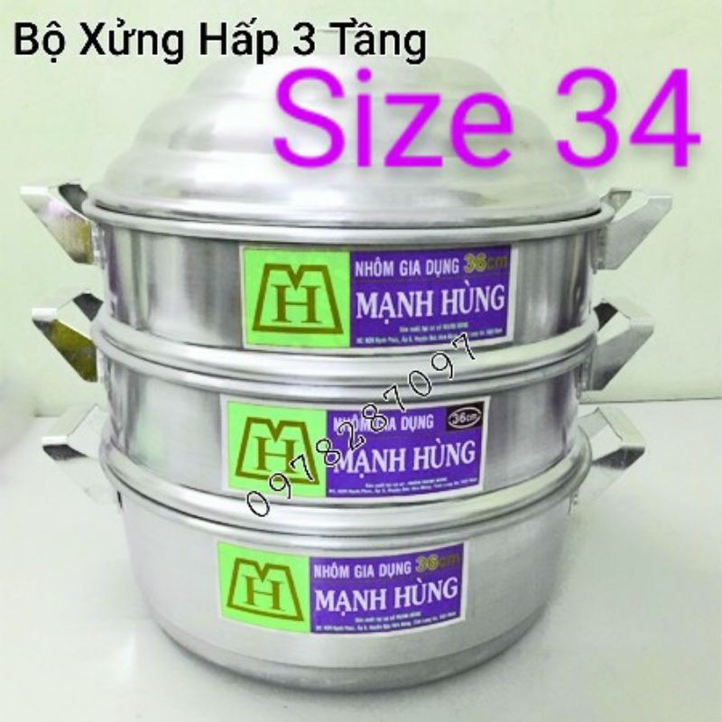 [CHÍNH HÃNG] Bộ xửng hấp 3 tầng size 34, 36 nhôm Mạnh Hùng chuyên hấp bánh bao/hải sản/thực phẩm