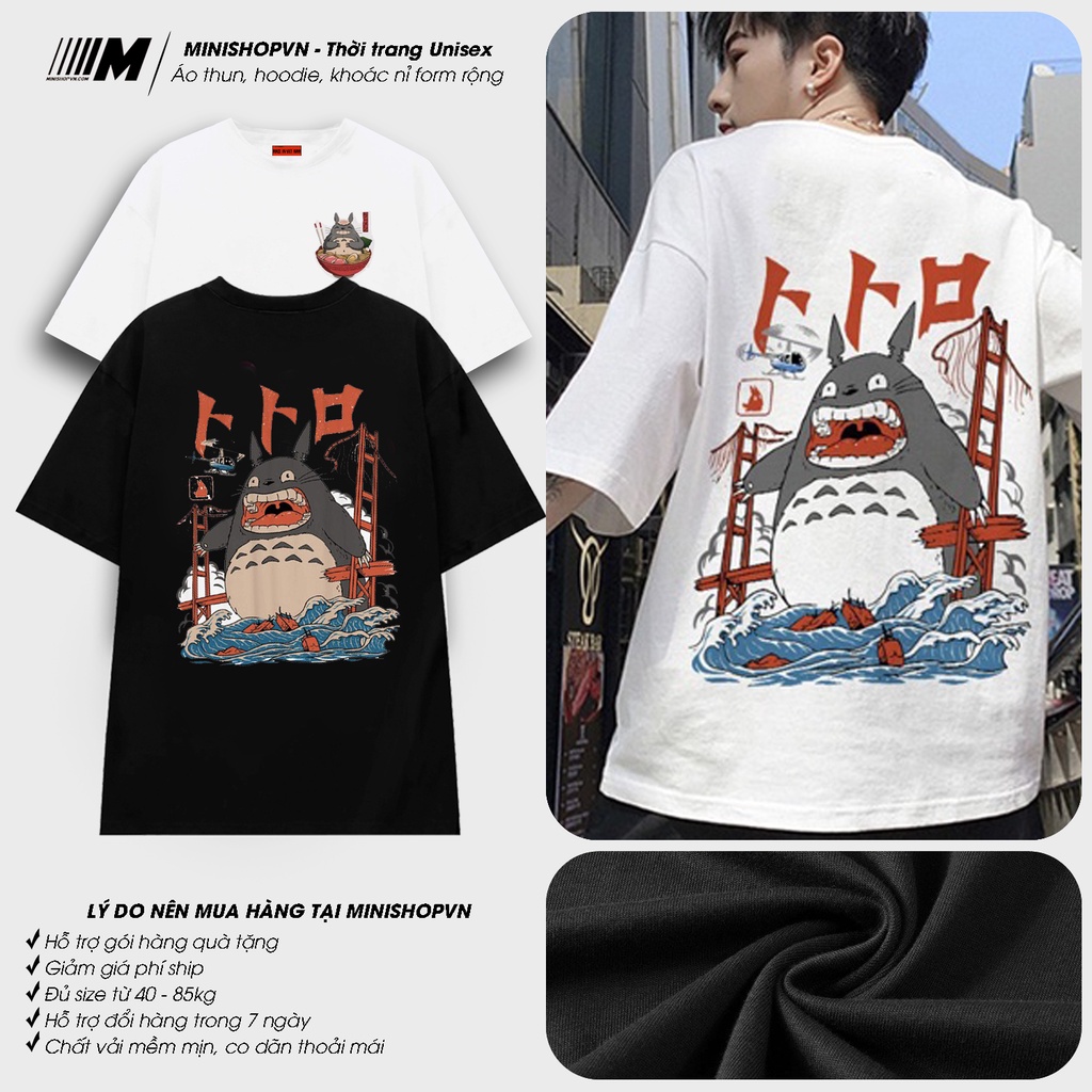 Áo thun Totoro giận dữ unisex tay lỡ form rộng chất cotton 3158 dầy mềm mịn thoáng mát