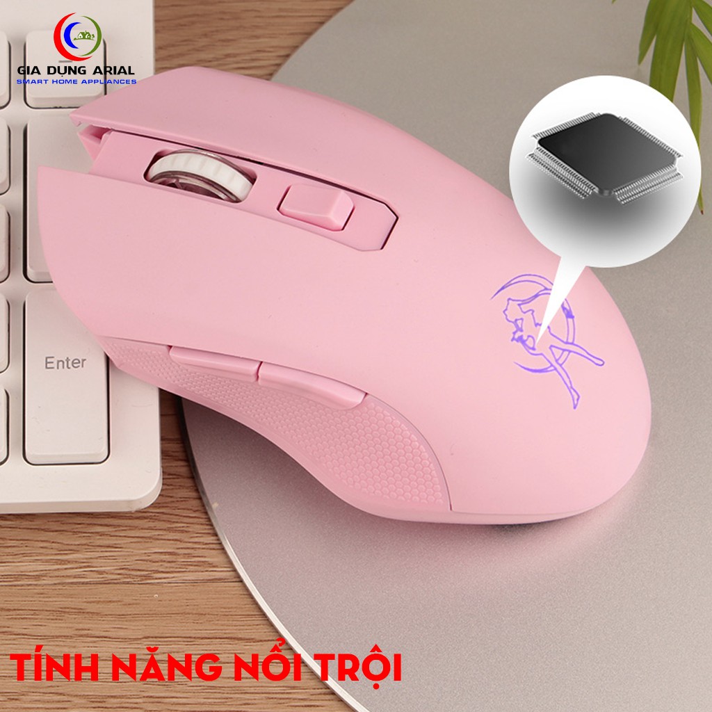 [TẶNG PIN SẠC] Chuột Không Dây HMW-05 Màu Hồng Sạc Pin Có Đèn Led RGB Nháy 7 Màu, Chuột Hello Kitty Hồng Siêu Dễ Thương