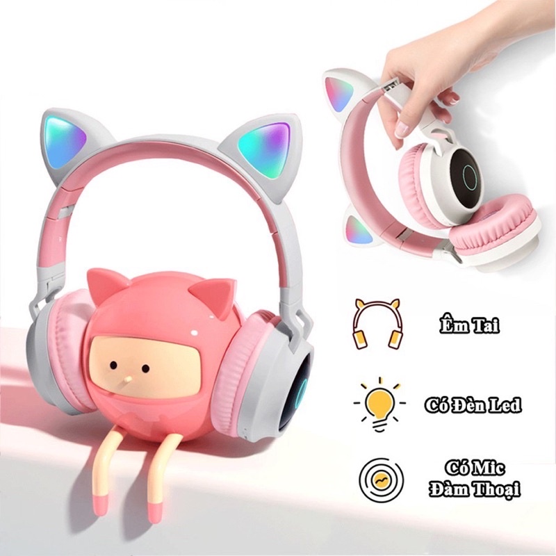 Tai Nghe Mèo Chụp Tai Bluetooth Headphone P47M Có Mic Đèn Led Dễ Thương Livestream Nghe Nhạc Tốt